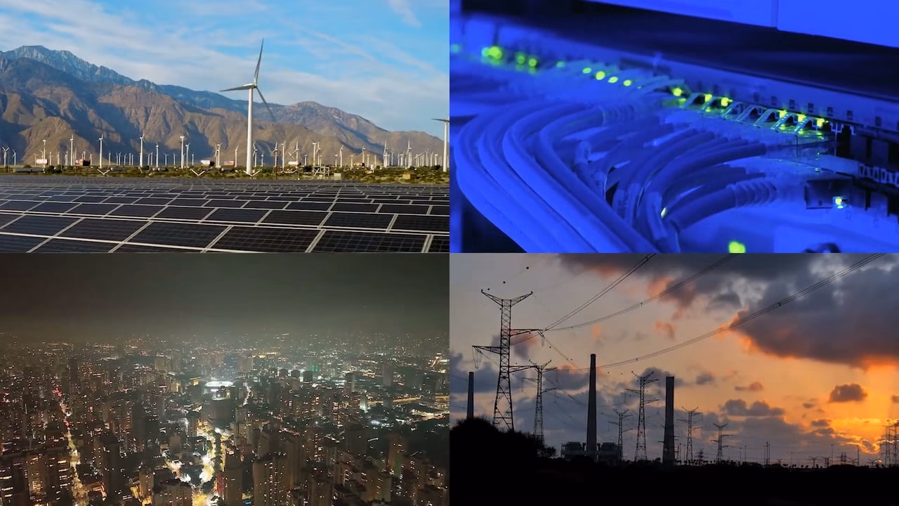 Montage of wind turbines, solar farms and the night grid