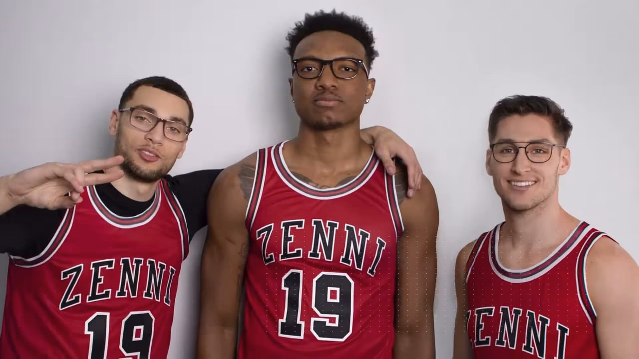 Three models in Zenni-branded Chicago Bulls jerseys wearing Zenni frames