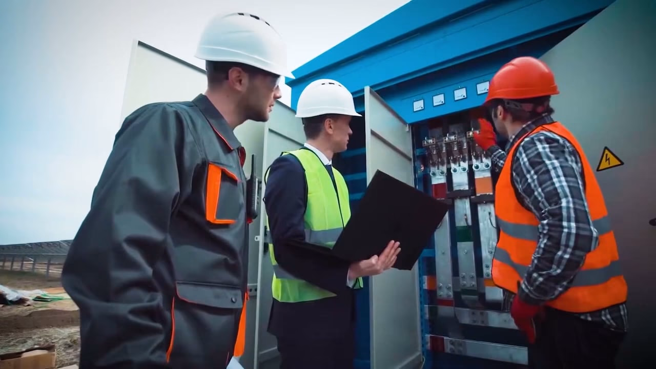 Crew in hard hats inspecting a finished transformer unit