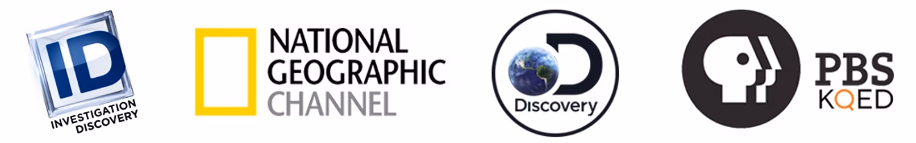 Investigation Discovery, National Geographic, Discovery, and PBS KQED logos